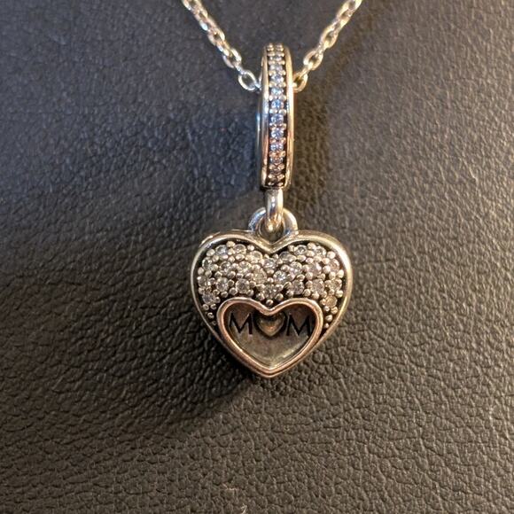 Genuine PANDORA 'I Love My Mom' Heart Locket Dangle Sterling CZ Charm Necklace - Picture 7 of 8